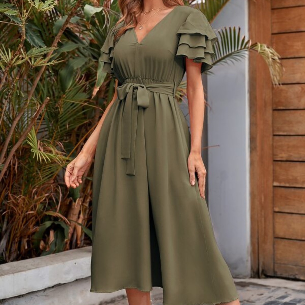 Boho Blush Pink Butterfly Ruffle Sleeve Midi Dress Minimalist - Picture 11 of 15